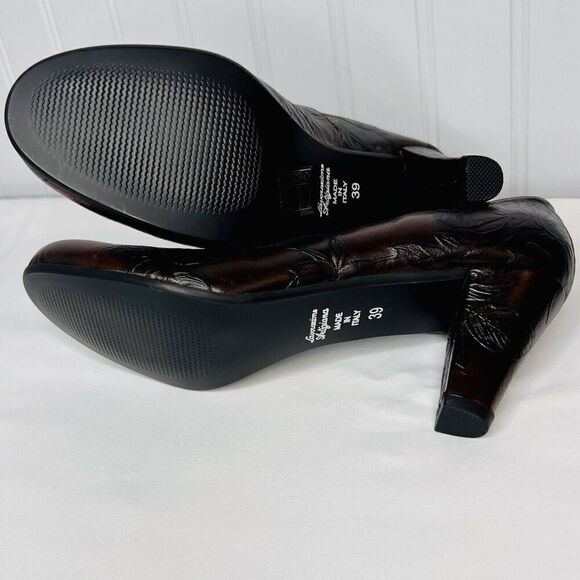 Cuoieria Fiorentina Italy Tuscan Sz 8.5 Heels Chocolate Brown Leather Floral - Picture 6 of 11